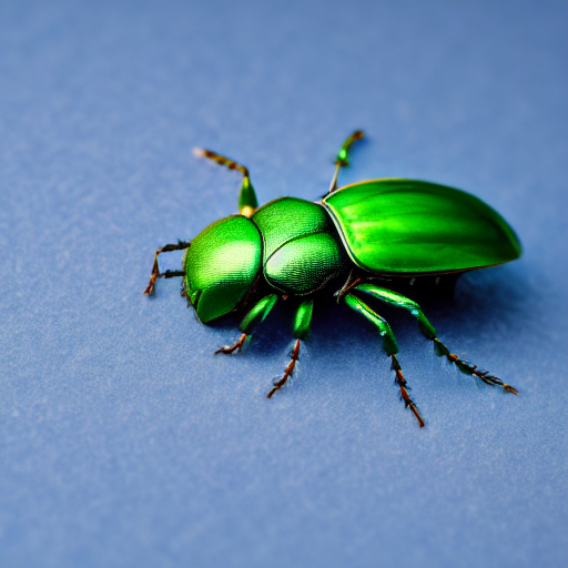 Photorealistic brightly colored image of a bright green, shiny beetle-like insect on a pale blue background