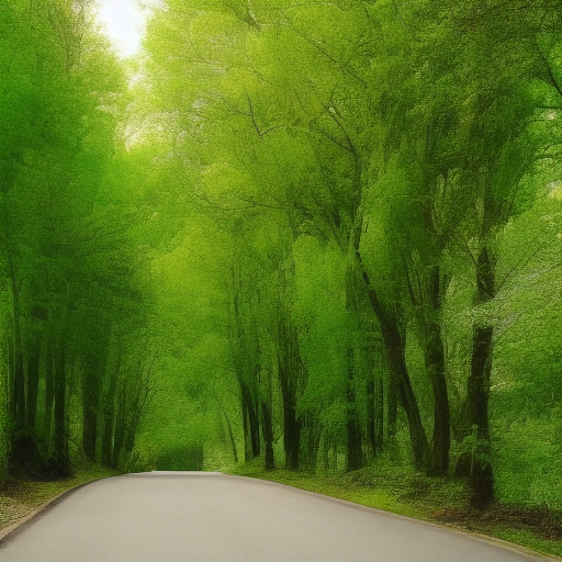 A realistic road with curbs leading down a hill between tall, very bright green sunlit trees, blurry