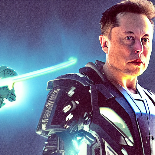 Painting-like image of Elon Musk, brilliantly lit, wearing a complicated spacesuit without a helmet
