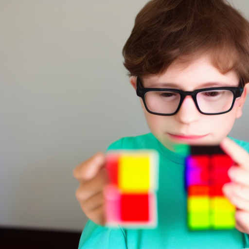 Image of a boy with glasses holding blurry separated halves of a Rubik’s cube with distorted fingers