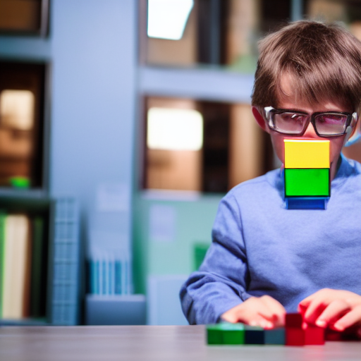 Image of a boy with thick glasses playing with colored blocks, with two large blocks directly in front of his mouth