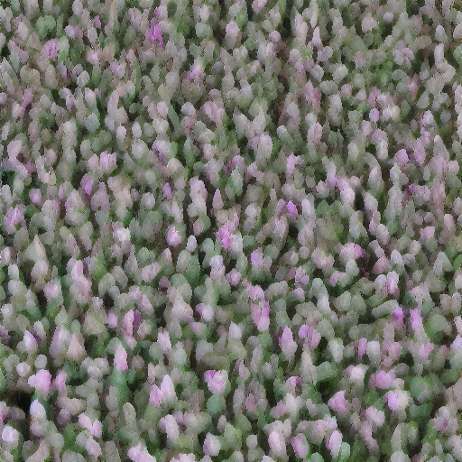 Regular plant-like structures, green and pink, blurry-looking