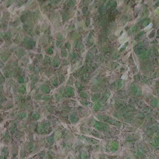 Green and brown image, like a blurry aerial photograph of trees and paths