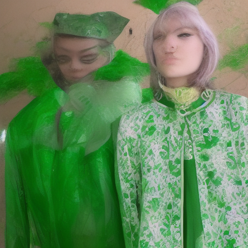 A blurry, twisted image of two women wearing different styles of green dresses in front of a brown background