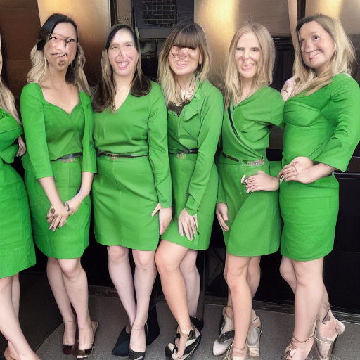 A group of seven women in nearly identical green dresses, with blurry, distorted faces and limbs